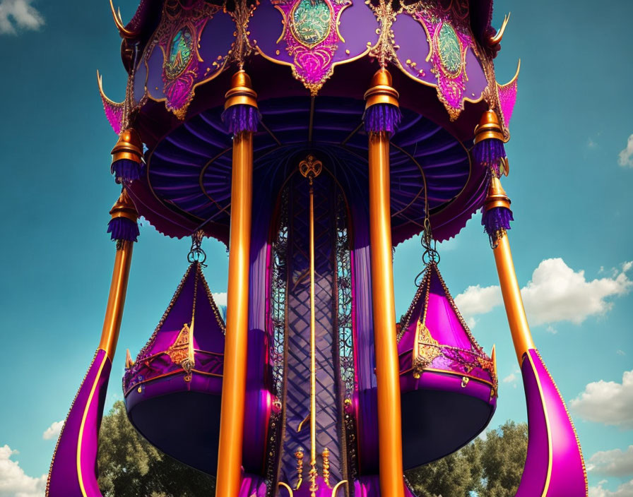 Colorful carousel with purple and gold accents under blue sky