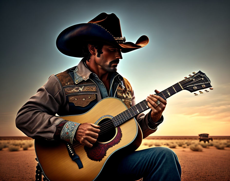 Cowboy playing acoustic guitar in desert at dusk with lone bull.