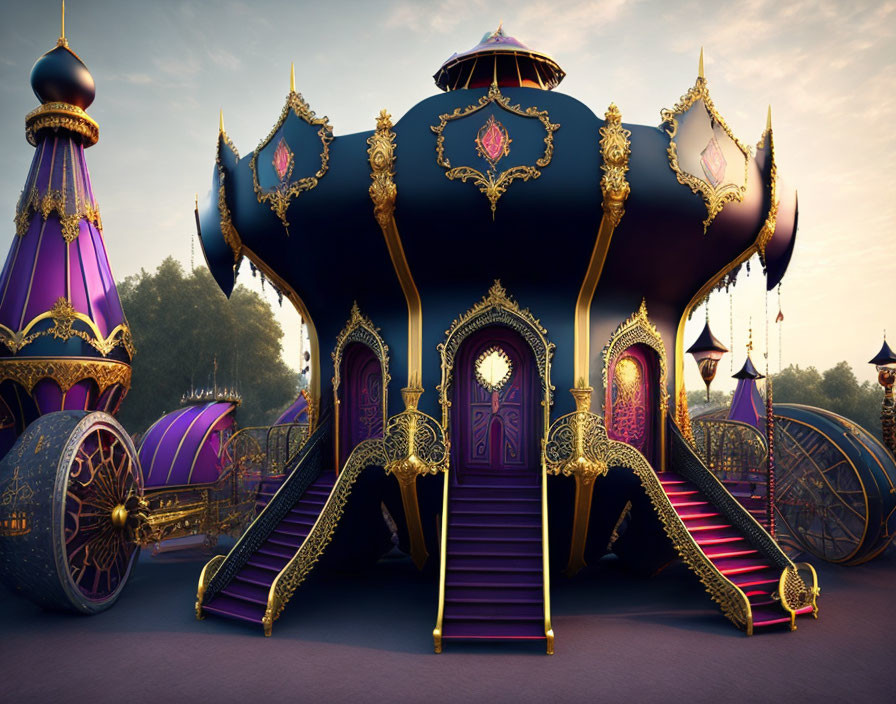 Fantasy-style palace with gold, purple, and arabesque motifs at twilight