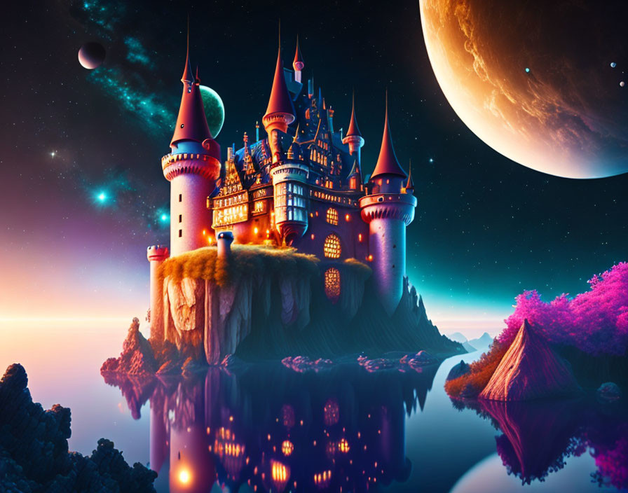 Colorful fantasy castle on cliff with pink trees, starry sky, giant moon, planets, and