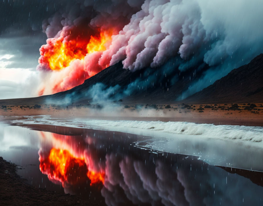 Volcanic eruption with fiery lava, dark smoke, reflection in water