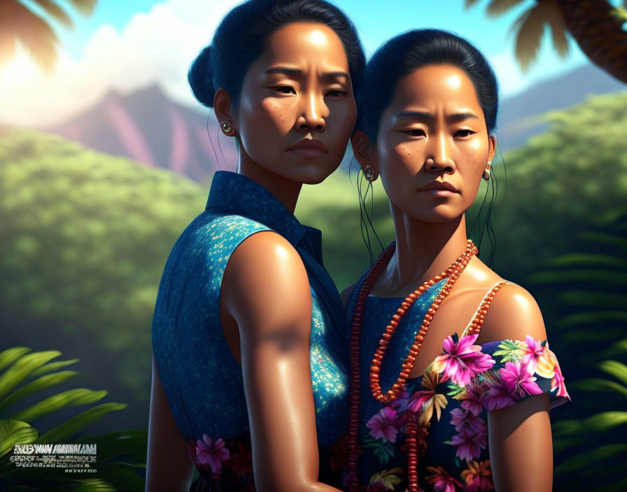 Traditional Pacific Islander women in animated artwork with tropical backdrop