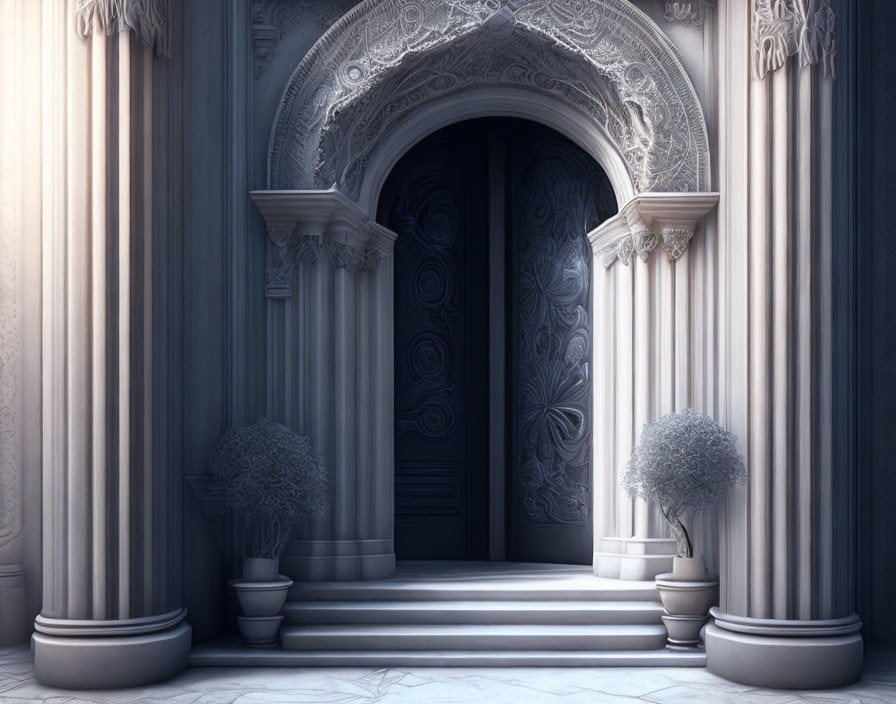 Ornate Arched Doorway with Columns and Topiaries Leading to Dark Interior