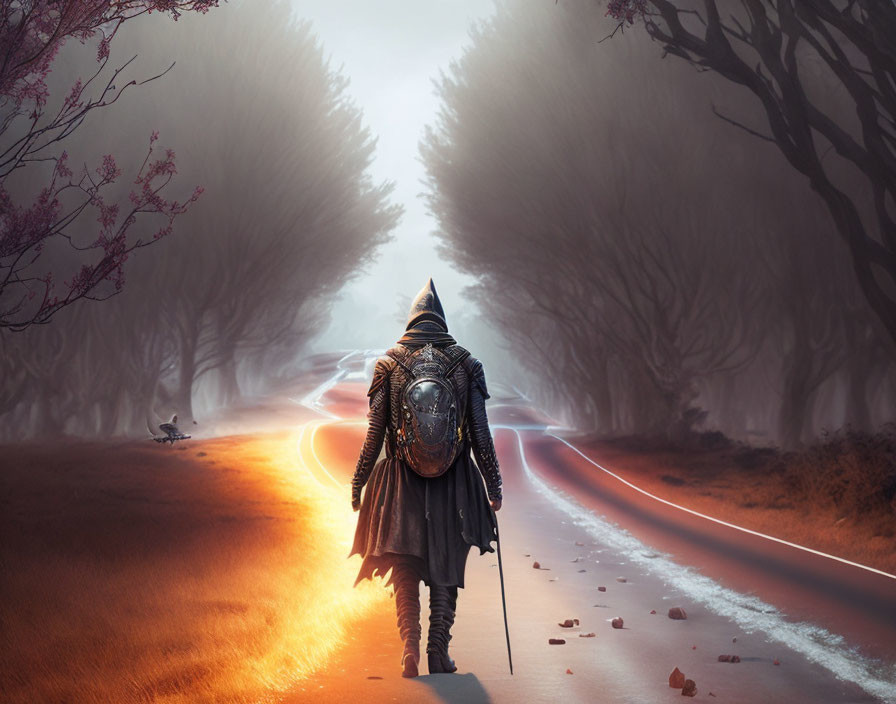 Medieval knight walking on misty road with fiery glow and sword.