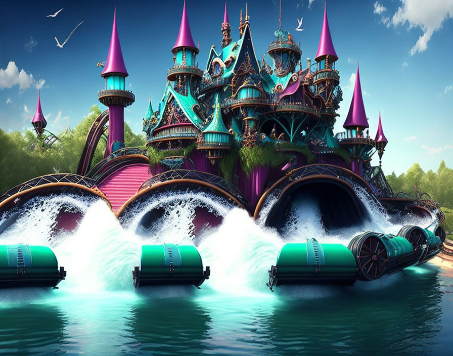 Vibrant Castle Overlooking Crashing Waves and Futuristic Boats