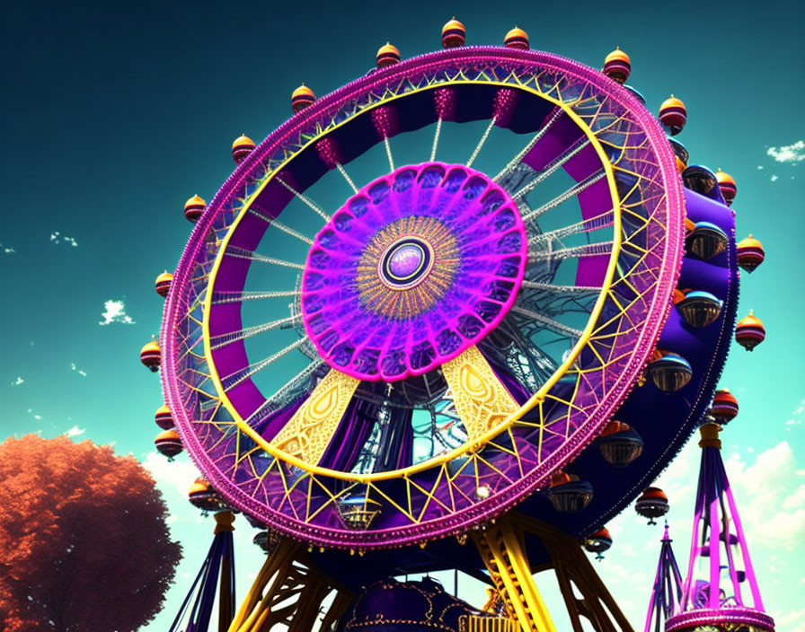 Colorful Ferris Wheel Against Surreal Blue Sky