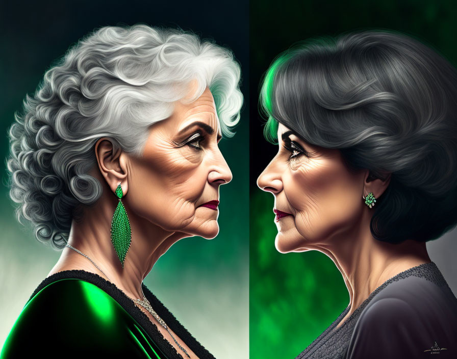 Elegant older women with hairstyles and earrings in profile against green and dark backgrounds