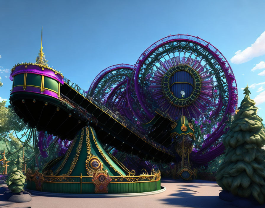 Colorful 3D amusement park scene with purple roller coaster and green carousel