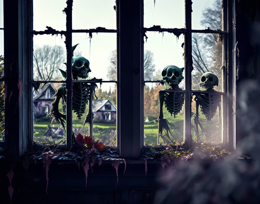 Skeletons chatting by weathered window frame with blurred background.