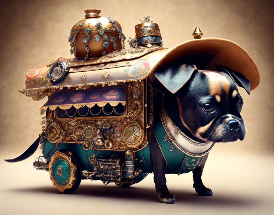 Steampunk-inspired artwork of mechanical dog with gold details