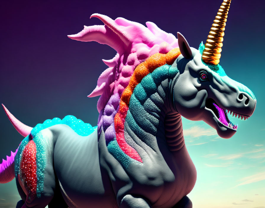 Colorful Unicorn with Golden Horn on Purple Sky