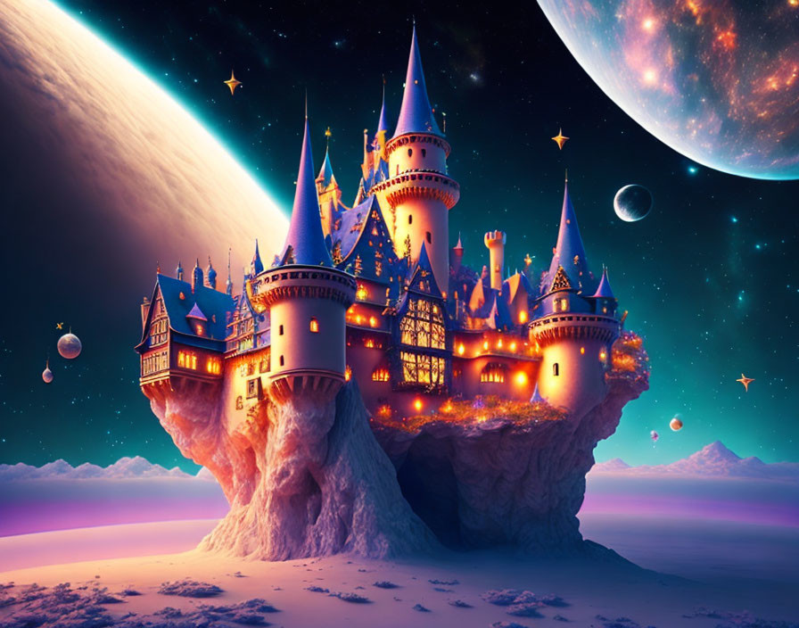 Castle on Floating Rock with Cosmic Background