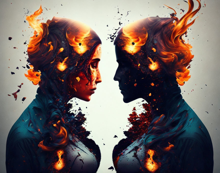 Symmetrical artistic depictions of fiery-haired women on light background