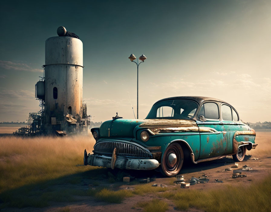 Rusted vintage car in desolate field with industrial structure and street lamp.