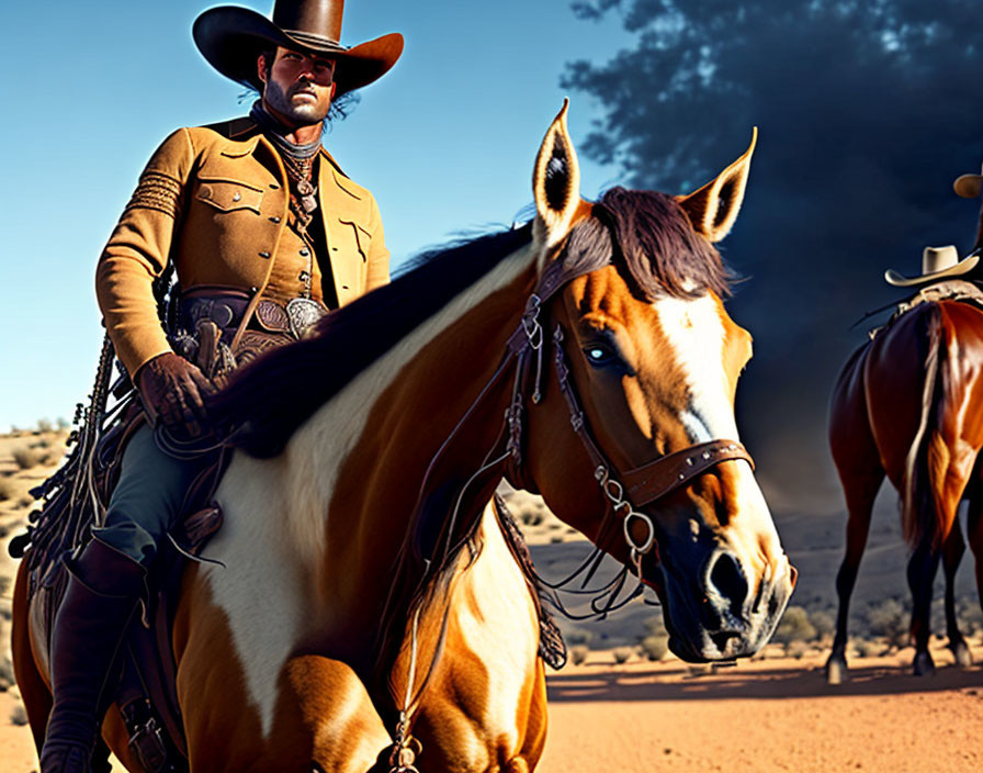 Cowboy in traditional attire riding brown horse under blue sky