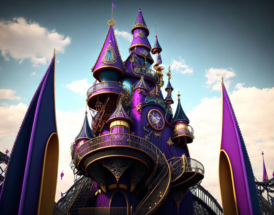 Fantasy castle with purple and gold towers in blue sky