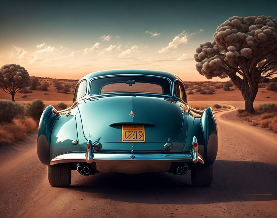 Vintage Blue Car Driving Desert Road with Whimsical Trees and Golden Sky