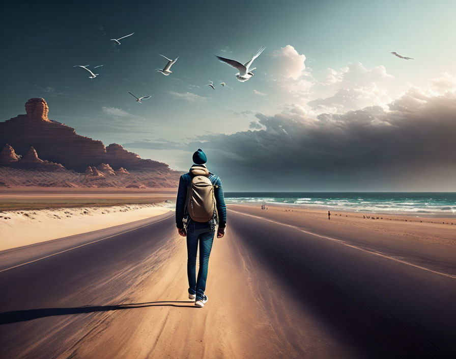 Skateboarder with backpack on deserted road near beach, seagulls flying, rock formation.