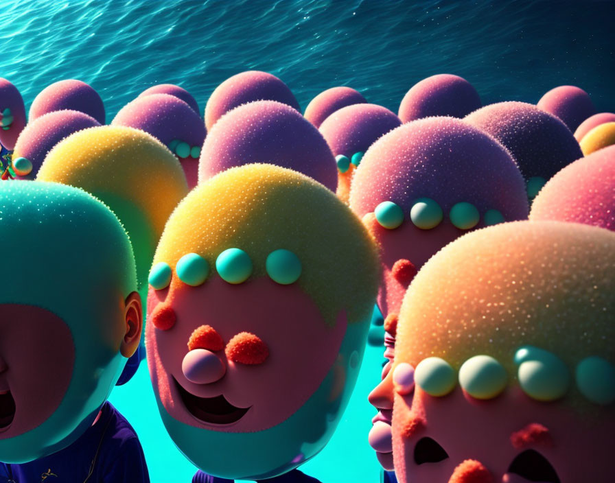 Vibrant 3D Characters with Spherical Heads Floating on Water