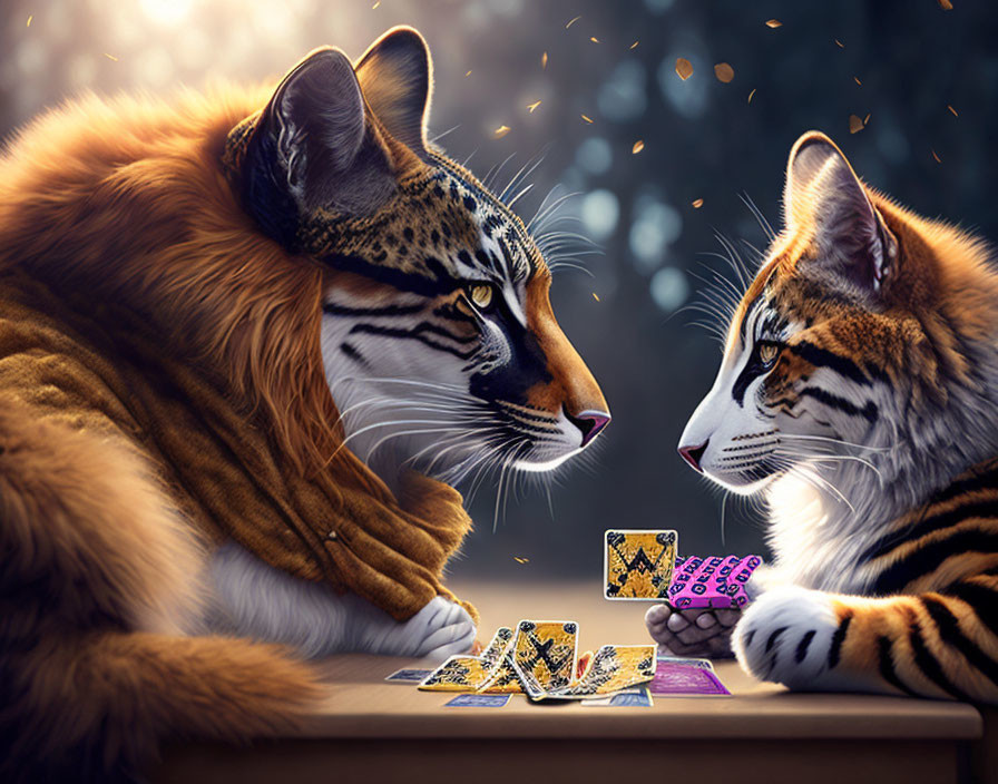 Anthropomorphized tigers playing card game in whimsical setting