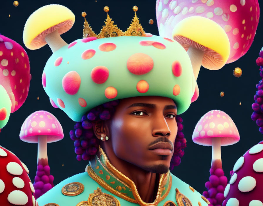 Digital artwork featuring man with stylized features wearing mushroom-like hat surrounded by colorful, fantasy mushrooms.