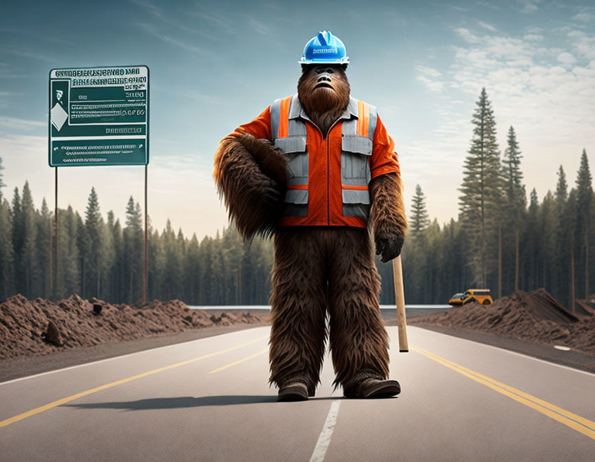 Brown furry creature in safety gear with shovel on road