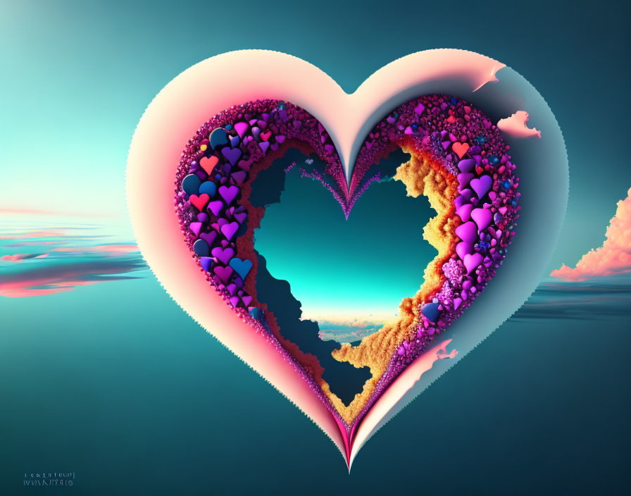 Heart-shaped digital artwork of serene landscape with clouds, water, and colorful sky