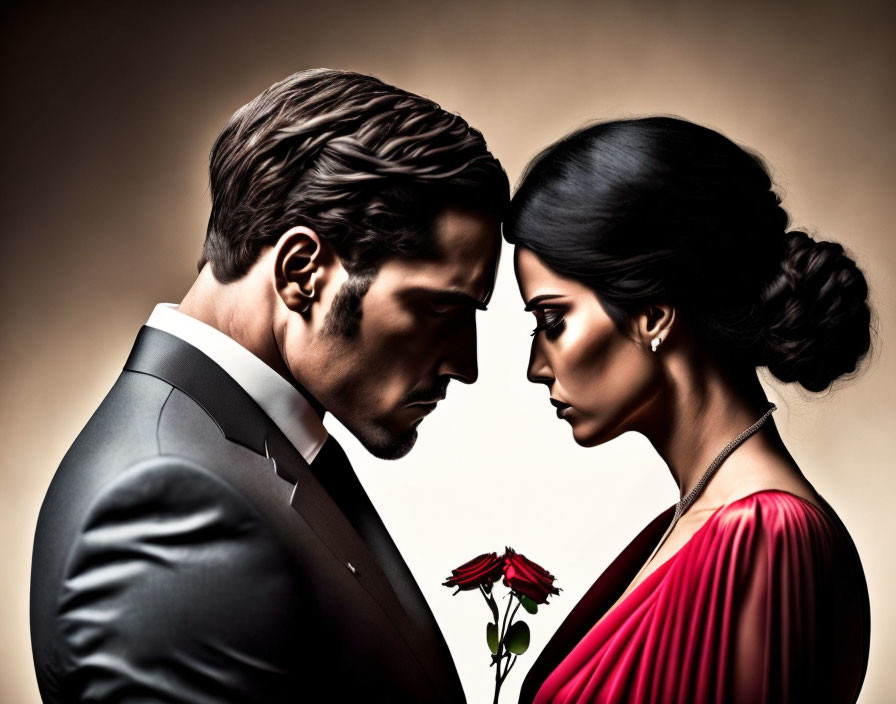 Man in suit and woman in red dress with red rose, sepia background