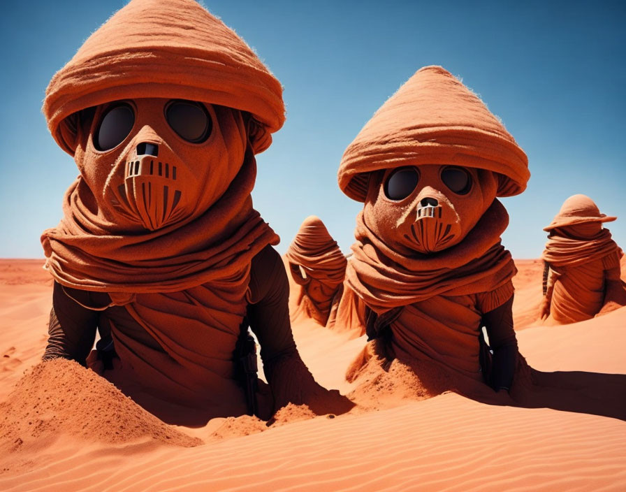 Brown-robed figures in goggles crossing red sand desert under blue sky