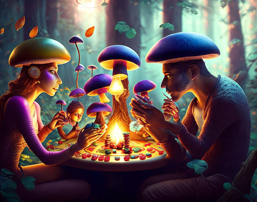 Enchanted forest scene with individuals playing board game