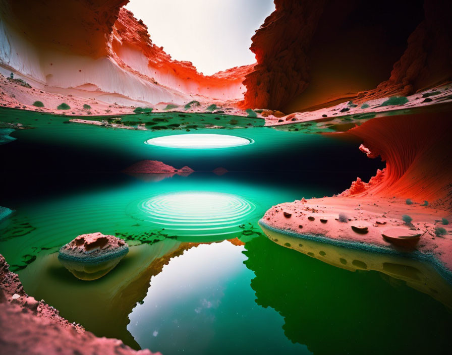 Ethereal underground cave with green pool, red-orange walls