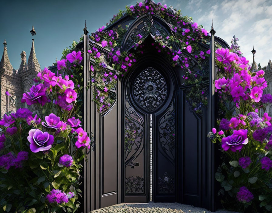 Black Wrought Iron Gate with Purple Flowers and Gothic Spires