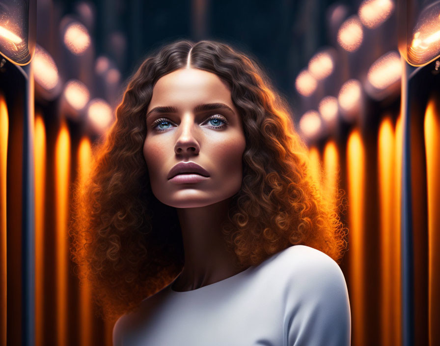 Curly Haired Woman with Blue Eyes Surrounded by Glowing Lights