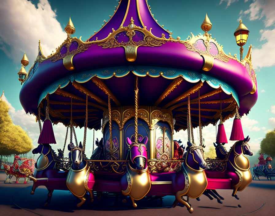 Colorful Merry-Go-Round with Golden Horses and Purple Canopy