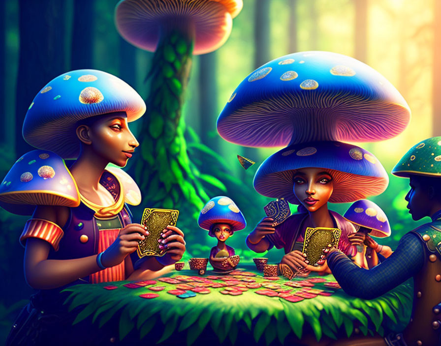 Enchanted forest fantasy illustration: Mushroom characters playing cards