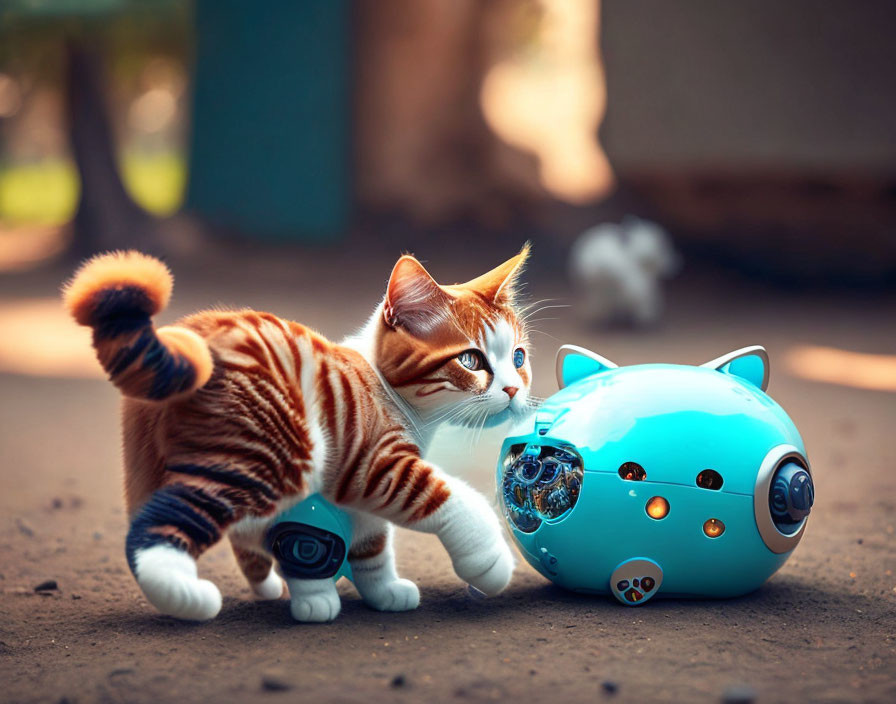 Ginger and White Cat with Blue Robotic Piggy Bank on Dusty Ground