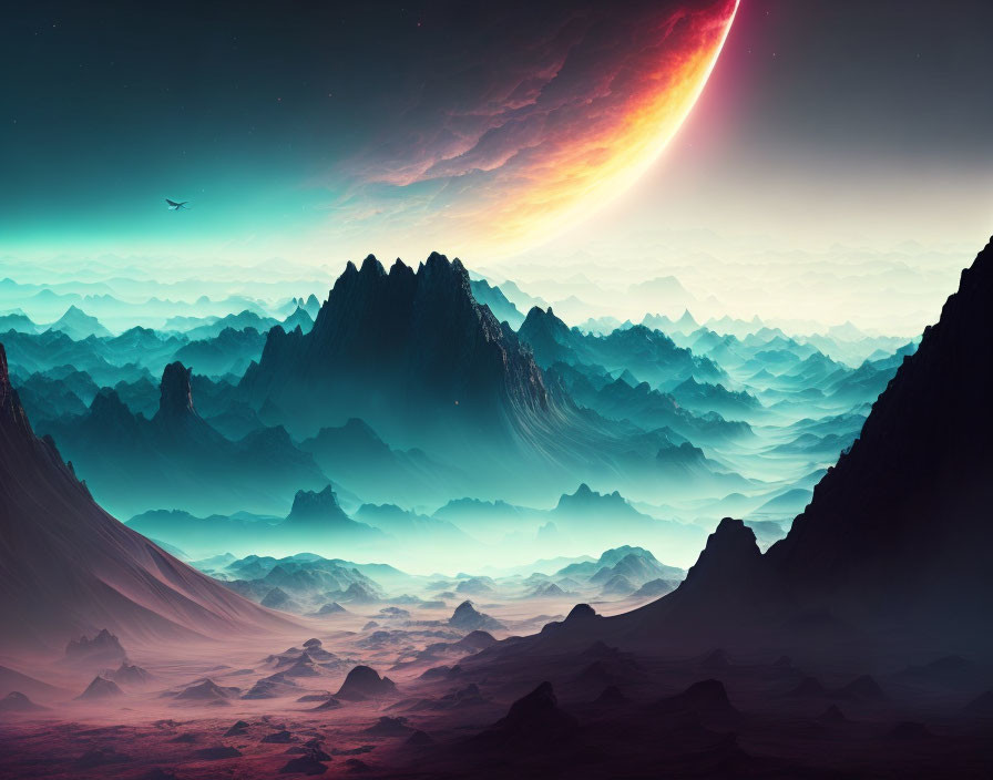 Layered Mountain Ranges and Comet in Fantastical Landscape