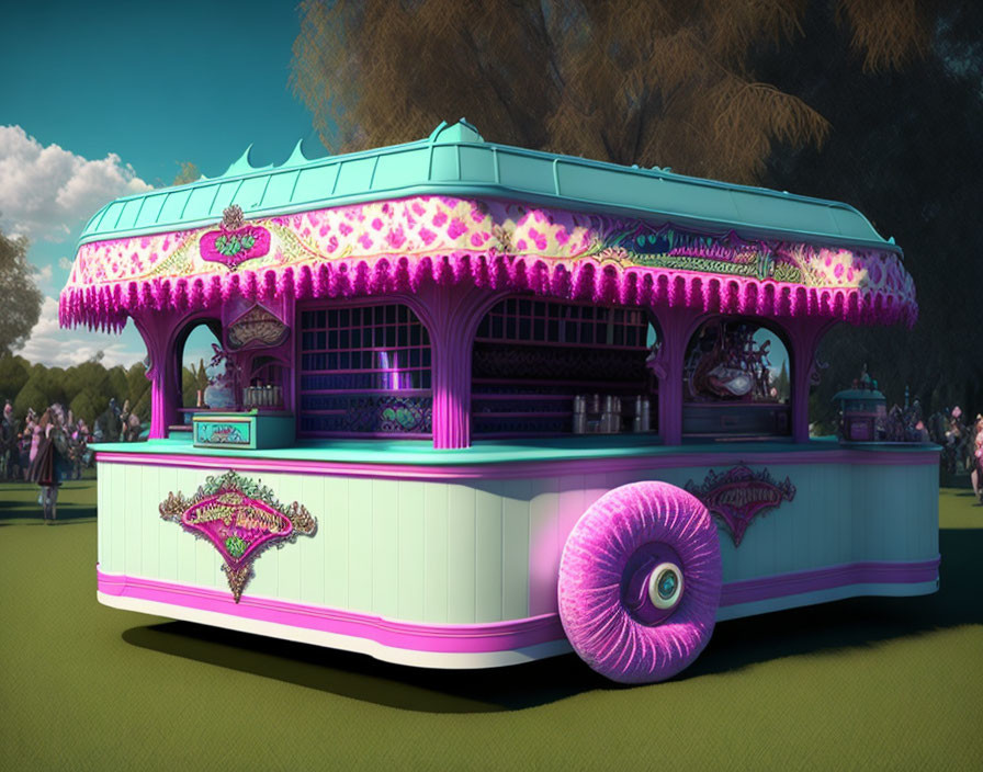 Whimsical pastel snack kiosk with ornate decorations and giant stylized eye in sunny park