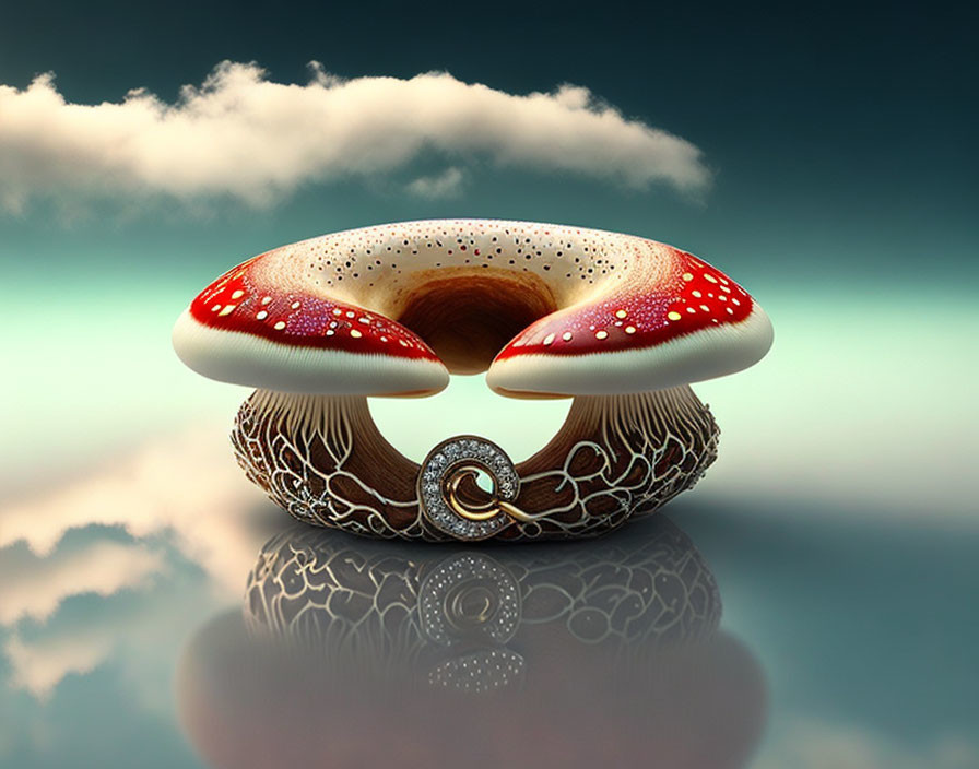 Surreal mushroom with embedded ring on stalk, cloudy backdrop.