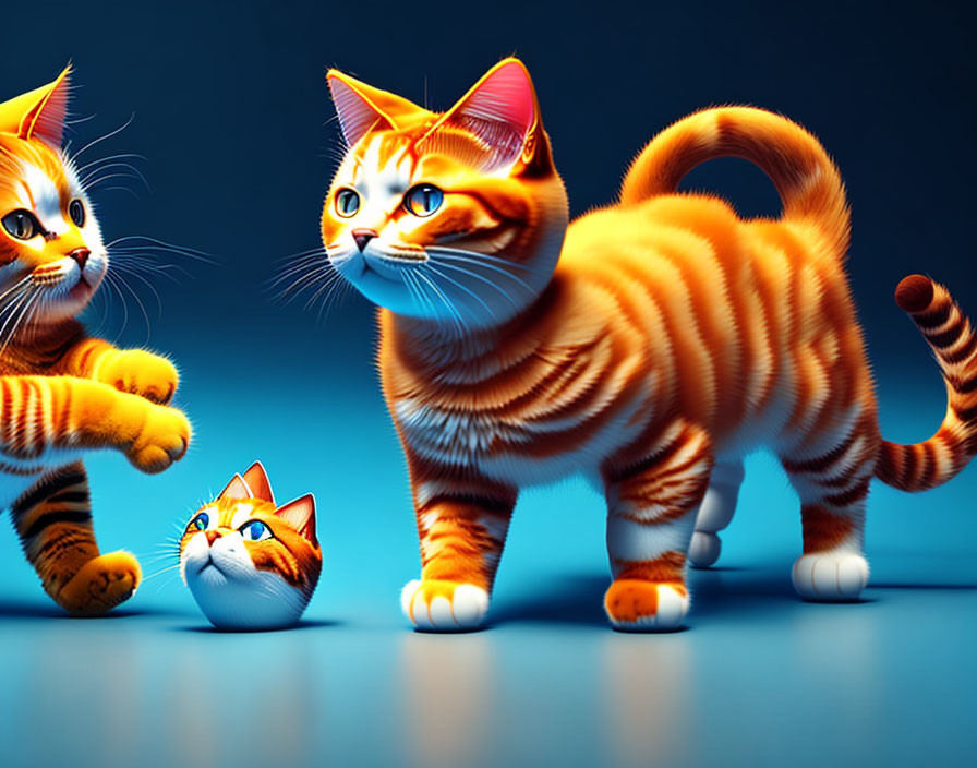 Three animated orange tabby cats with stripes on blue background