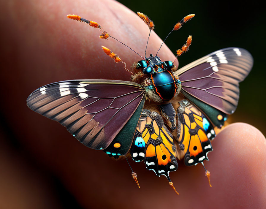 Colorful Butterfly Resting on Human Fingertip Shows Vibrant Wings