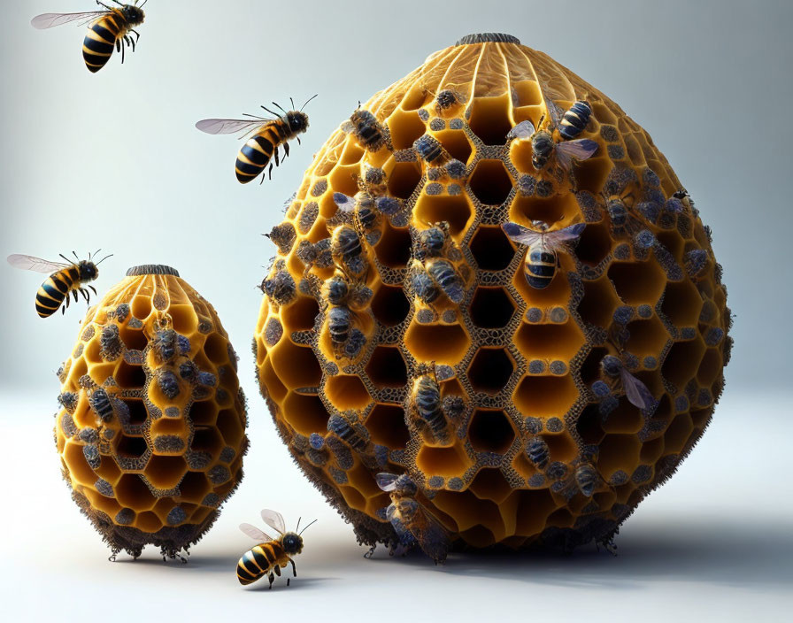 Stylized honeycomb spheres with bees on neutral backdrop