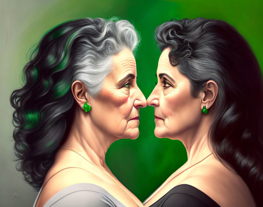 Elderly women with gray hair and dark dresses touching foreheads