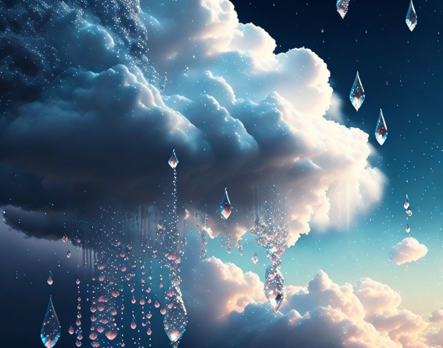 Fantasy cloudscape with crystalline raindrops under twilight sky