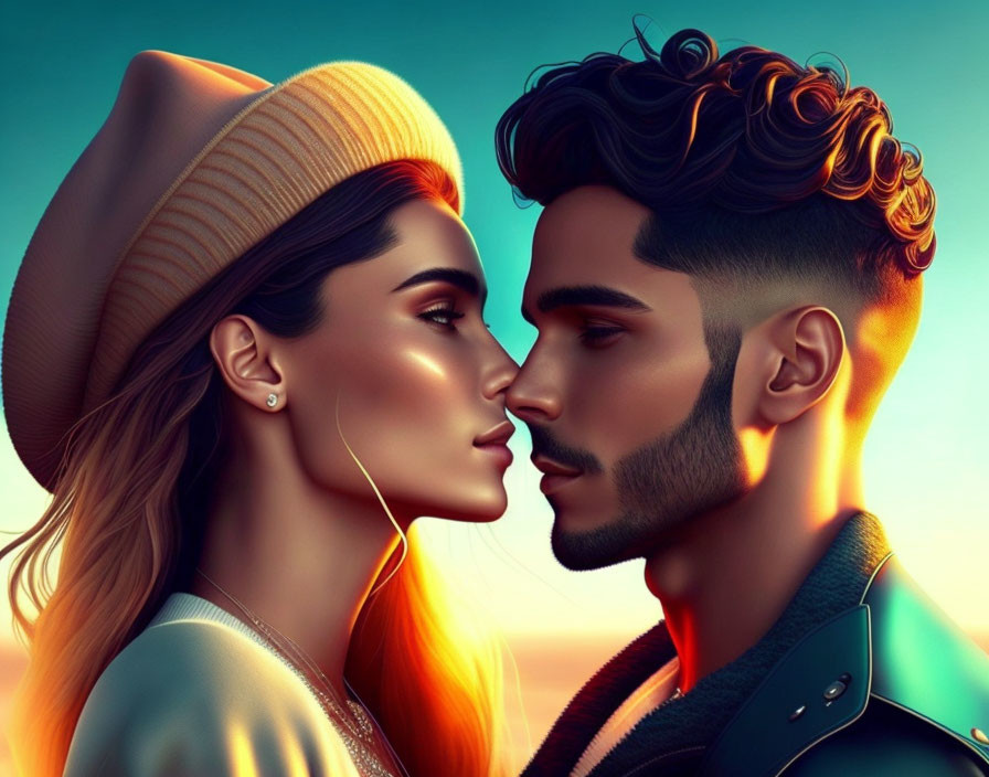 Detailed Stylized Couple Illustration with Vibrant Colors & Modern Fashion