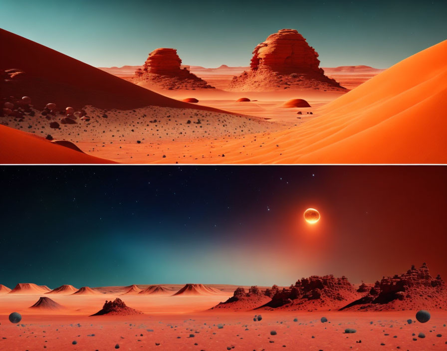 Mars-like desert landscapes: day and night views