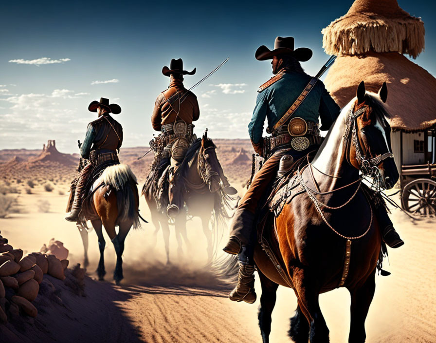 Cowboys on horseback in desert landscape with covered wagon and southwestern hut under clear blue sky