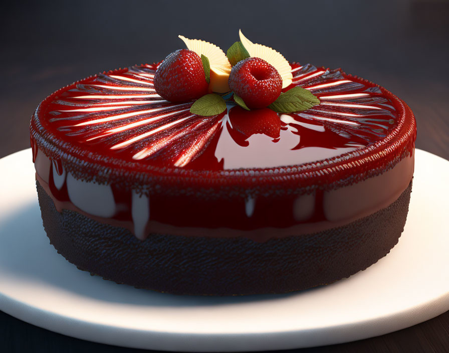 Red Glazed Cake with Strawberries and Mint on White Plate