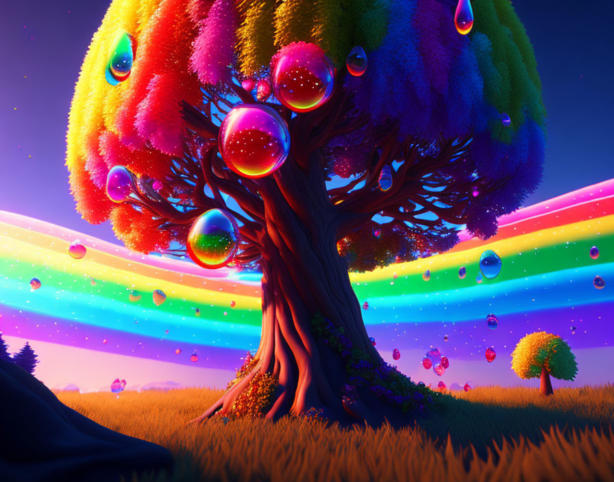 Colorful tree with bubbles under rainbow sky in whimsical landscape