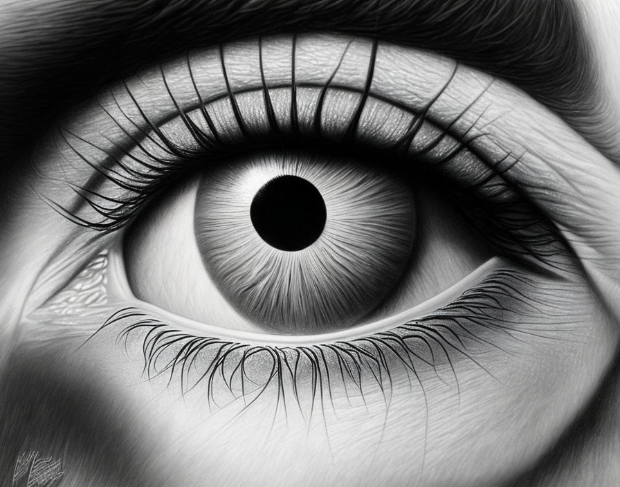 Highly detailed human eye drawing with eyelashes, iris, and pupil reflection